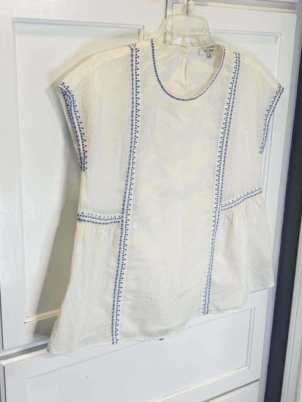 Madewell Embroidered Tunic Top Size XS White Blue Stitch Bohemian